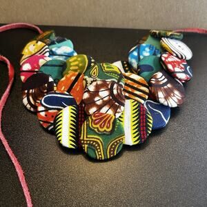 African Style Multicolor Fabric Bib Necklace with Adjustable Tie Closure